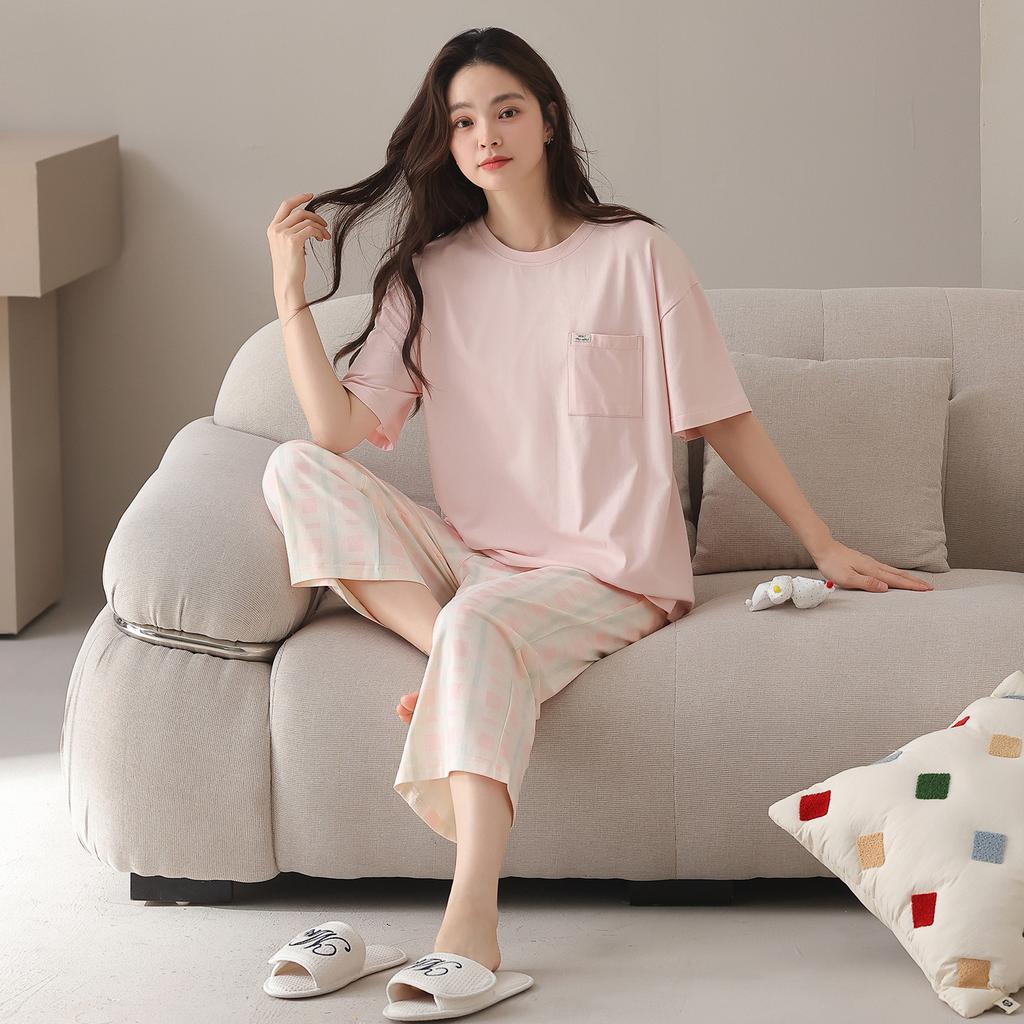 Short-sleeved Cropped Pants Pajamas Women's Spring and Summer New Pure Cotton Summer Thin Large-size Loungewear Suit