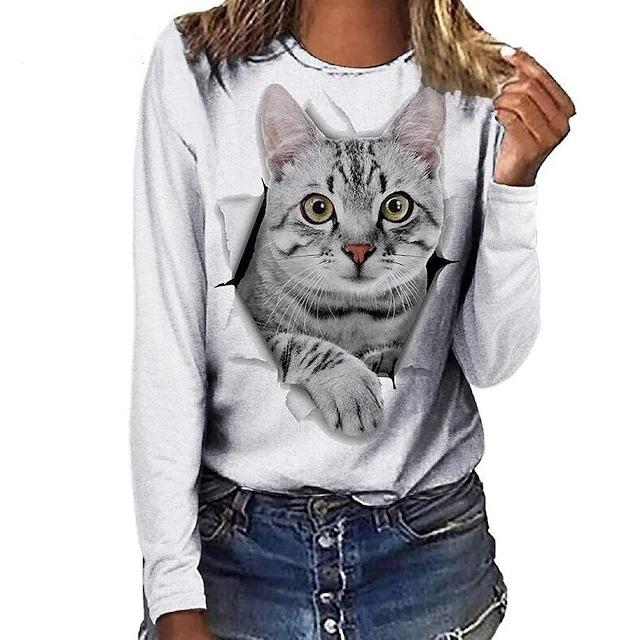 Round Neck Cat Pattern 3D Printed Casual Long Sleeved Women's T-shirts - Soft Medium Stretch Polyester Fabric Spring and Autumn Relaxed Fit Clothing