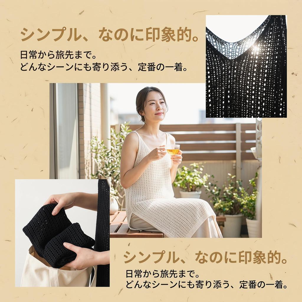 Knit Camisole Dress for Openwork [Narebualo Cietupoop] Women, Vest, Sleeveless, V-Neck, Medium-Long