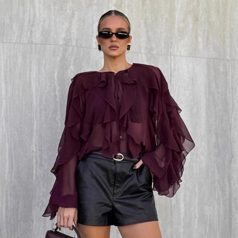 Womens Vintage French Style Ruffle Chiffon Blouse 2025 Elegant Wine Red Round Neck Top