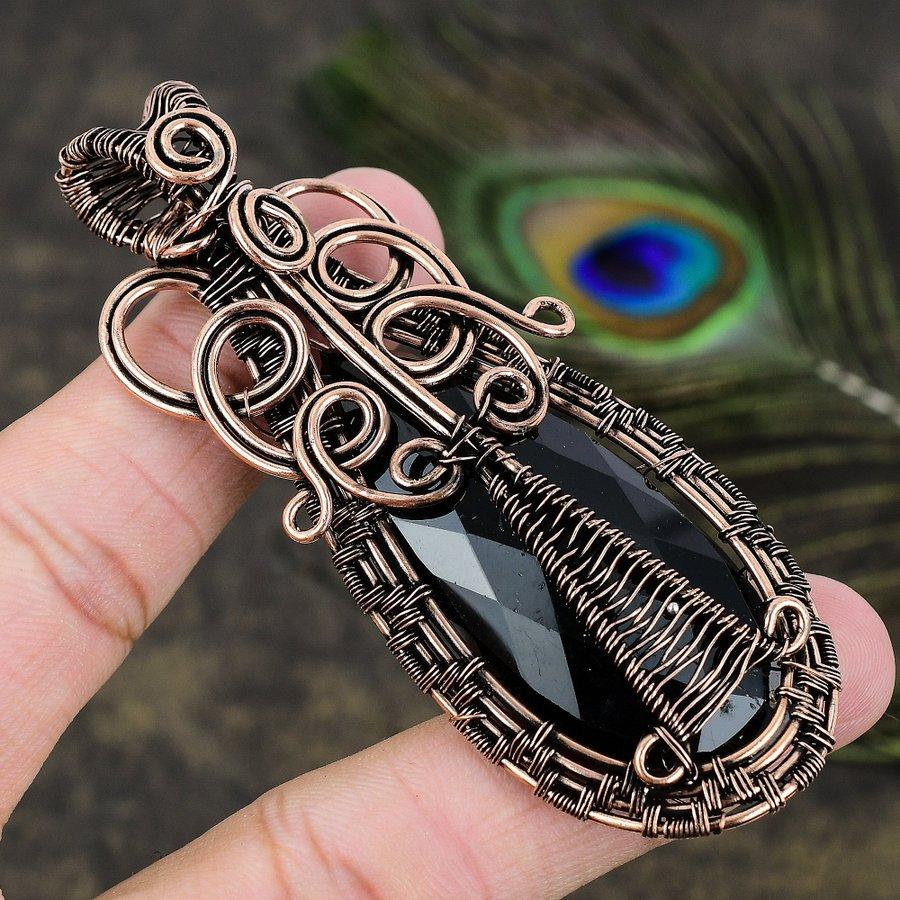 Black Spinel Gemstone Copper Wire Wrap Jewelry Pendant 3.43