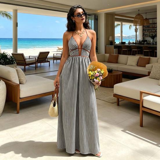 Women's Halter Striped Maxi Dress Sleeveless Deep V Neck A Line Sundress Summer A-Line Beach Vacation Dress