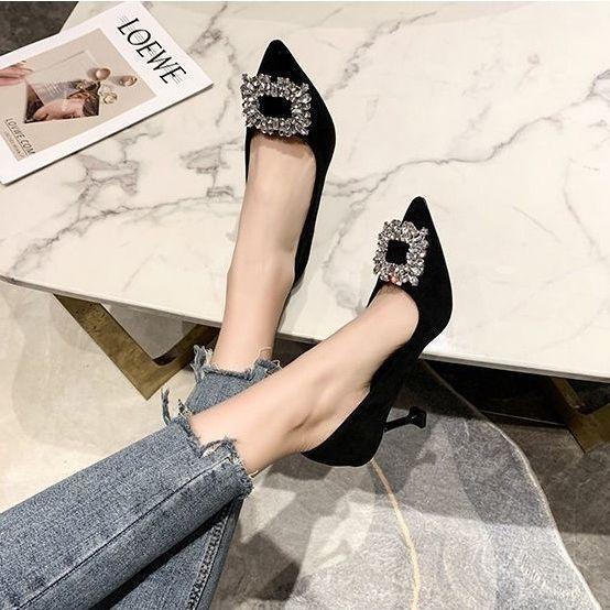 Suede fashion square diamond heightening daily pointed shoes high heels annual skirt with single European and American style stiletto