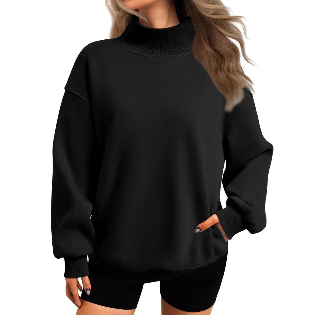 Women's Mock Neck Sweatshirt Loose Fit Casual Color Pullover Top with Side Pockets