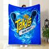 Patrón de llama azul brillante rodeando el texto audaz del logo amarillo "Takis". manta para todas las estaciones manta para la hora del almuerzo manta de regalo