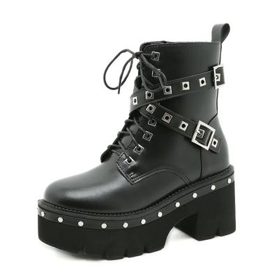 8,5 cm Absätze 2024 Herbst Neue Europäische und Amerikanische Dicke Sohlen Dicke Ferse Nietenstiefel Kurze Damenstiefel Lhx