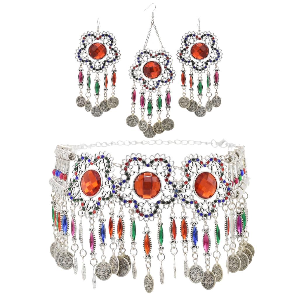 3pcs Indian Afghan Zircon Sets Necklace Earrings Hairbands for Women Boho Ethnic Coins Tassels Colorful Crystal Drop Accessory
