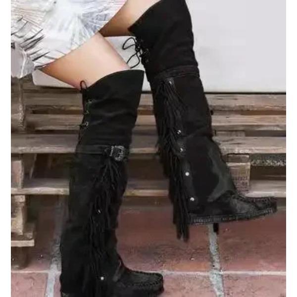 Fashion Bohemia Knee-length Women Boots Ethnic Personality High Boots Tassels Faux Suede Boots Girl Flat Bottom Long Botas Mujer