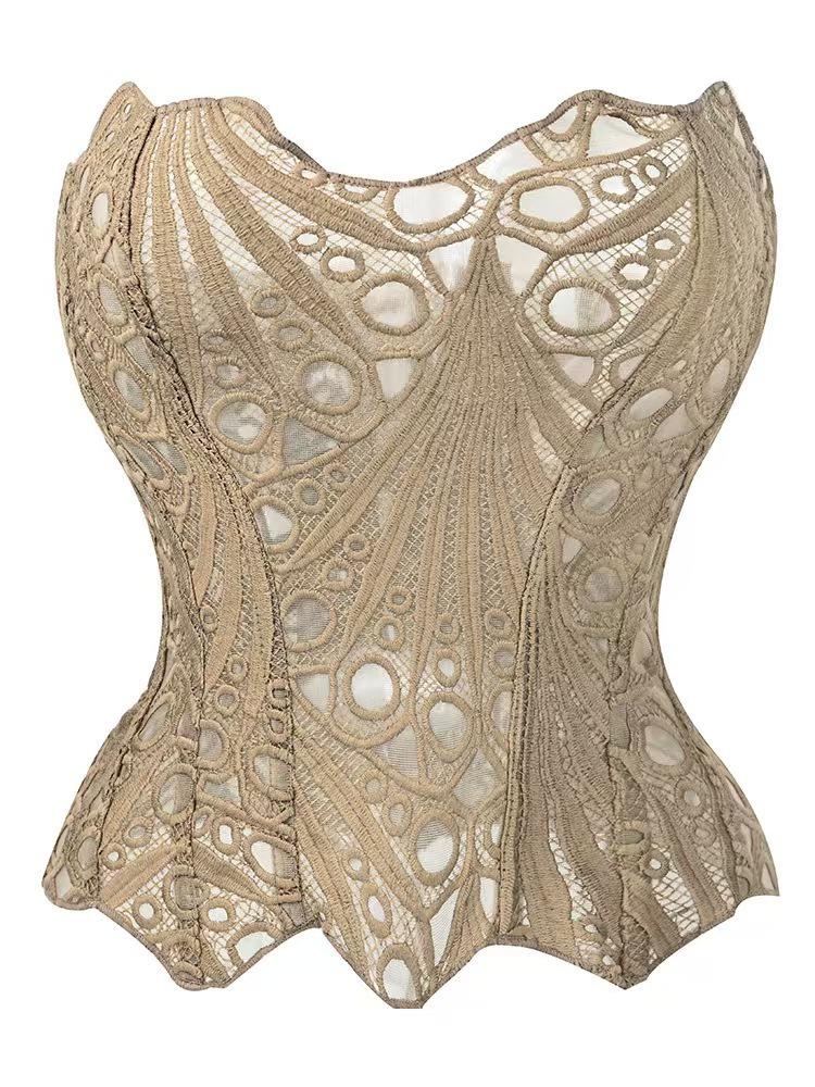 European & American Lace Corset: Hollow-Out Fishbone Bustier Top with French Print