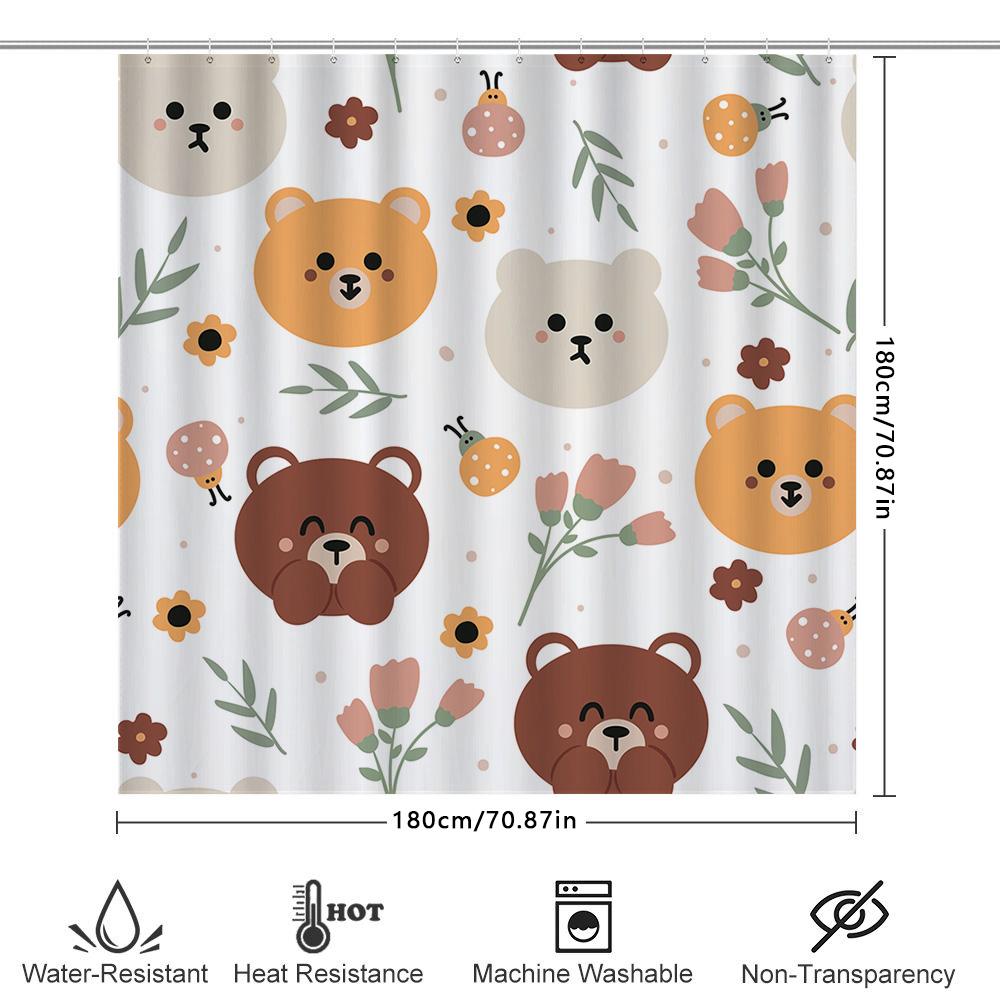 Adorable Cartoon Bear Print Shower Curtain For Bathroom Decoration White Floral Design Shower Panels Set With Hook Rings (180X27