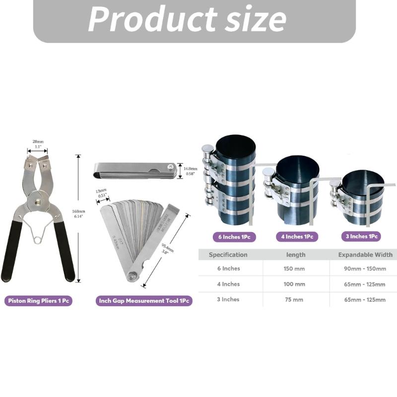3 In 1 Universal Piston Rings Compressor Kit Including Adjustable Piston Installation Tool For Various Engines