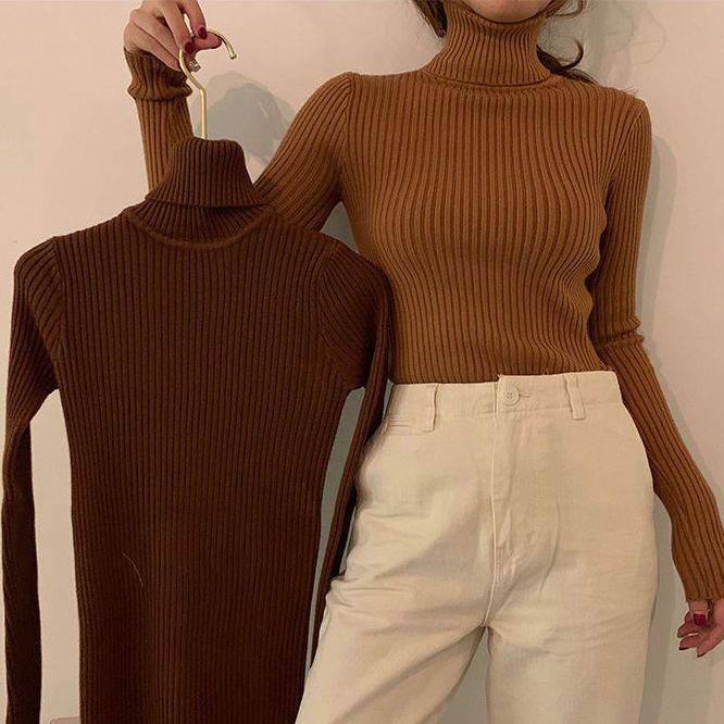 Women's Turtleneck Base Layer Autumn Winter Sweater Slim Fit Knitted Versatile Top