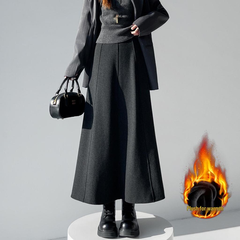 Design-Sense Thick Woolen A-Line Long Umbrella Skirt for Women - High-Waisted, Hip-Covering Autumn/Winter Style