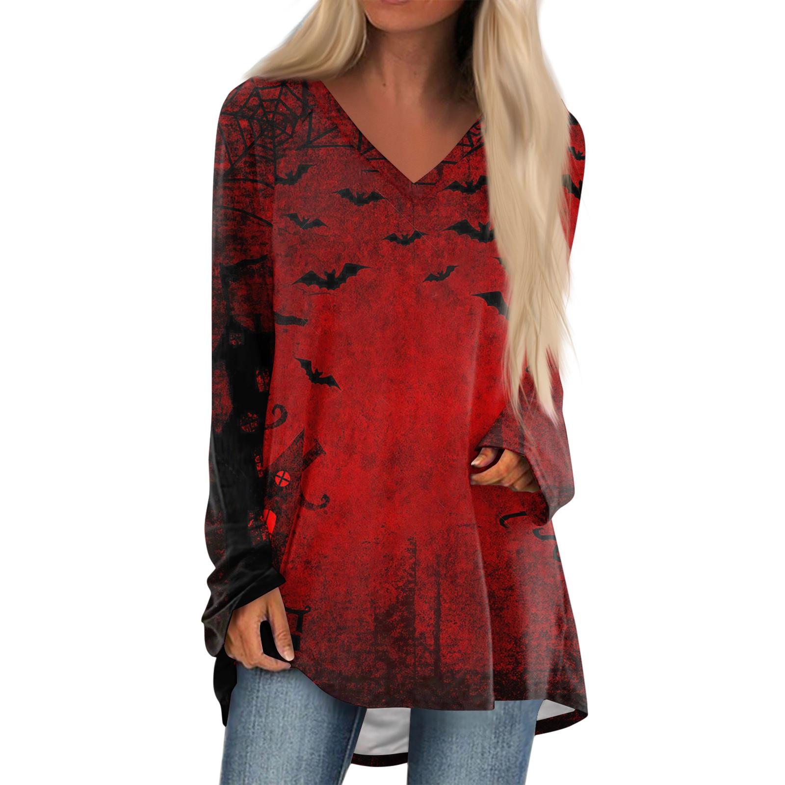 

Женская повседневная футболка с длинными рукавами и V-образным вырезом с принтом Halloweenl, длинная свободная футболка L