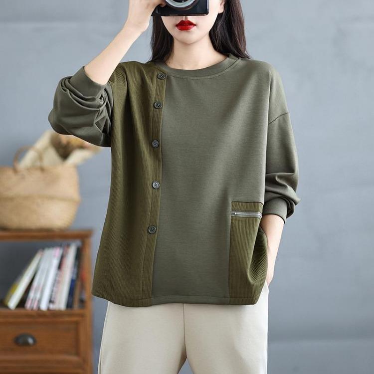 Nowa Casualowa Koszulka Plus Size Wiosna Damska Podstawowy Sweter z Okrągłym Dekoltem Długi Rękaw Luźny Jednolity Top z Zamkiem Błyskawicznym i Guzikiem