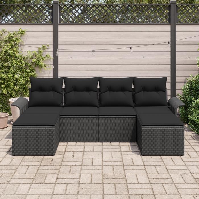 VidaXL Ensemble de Canapés de Jardin 6 Pièces avec Coussins Noir Poly Rattan 3345473