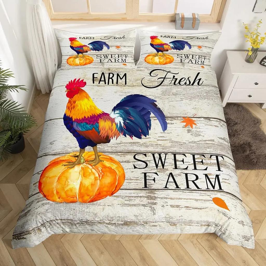 Vintage Rooster Hen Comforter Cover Farmhouse Cock Duvet Cover Farm Chicken Bedding Set King Chicken Coop Country Decor For Home