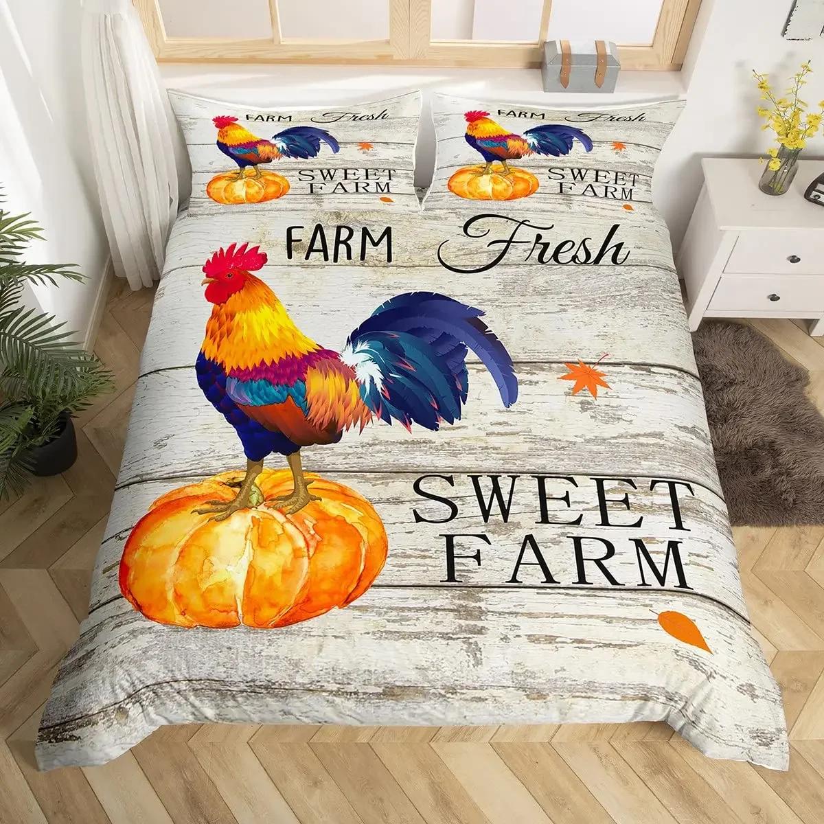 

Comforter Vintage Rooster Hen Comforter Farmhouse Cock Farm Chicken Bedding Set King Chicken Coop Country Decor For Home Comforter (quilt)-EU Single(135*200cm)3pcs