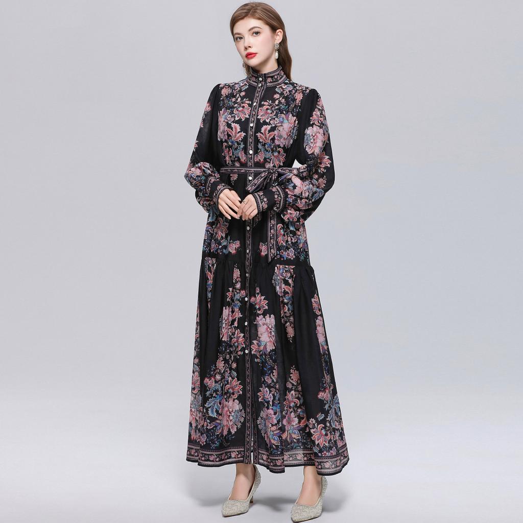 Summer Autumn Holiday Flower Maxi Dresses Women's Stand Collar Lantern Sleeve Single-breasted Sashes Floral Print Loose Long Dress
