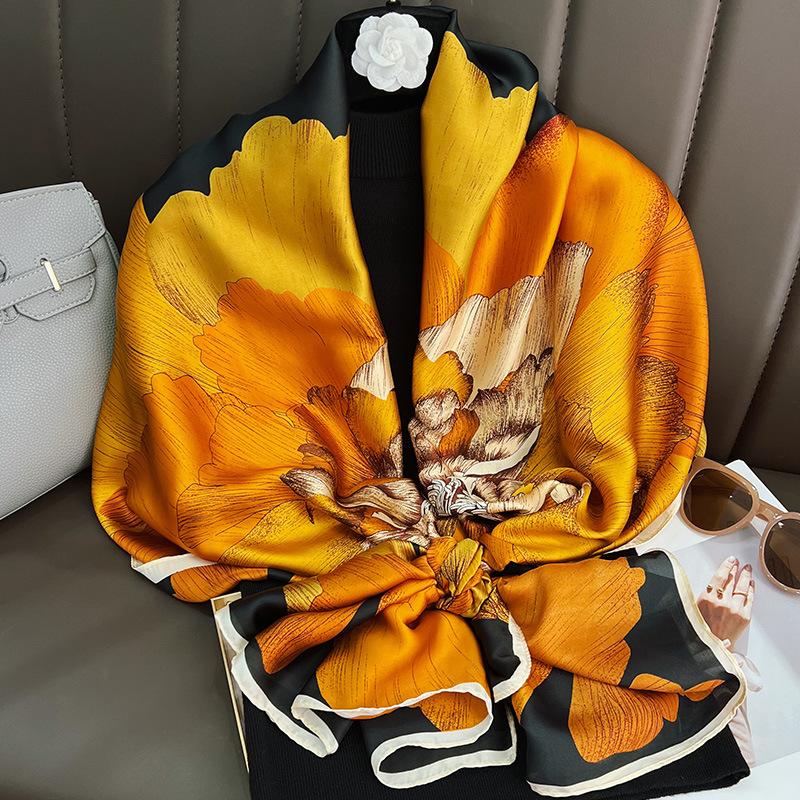 New sunscreen silk scarf, women s brocade fashion printed shawl, versatile flower spring and autumn decorative scarf 180cm