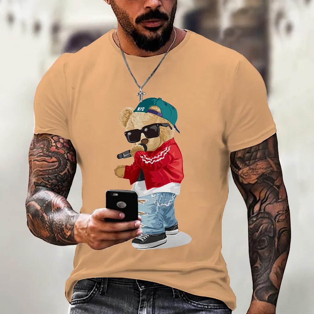 Camiseta casual masculina de verão com estampa fofa de ursinho de pelúcia, gola redonda, confortável e respirável, top casual urbano para atividades ao ar livre