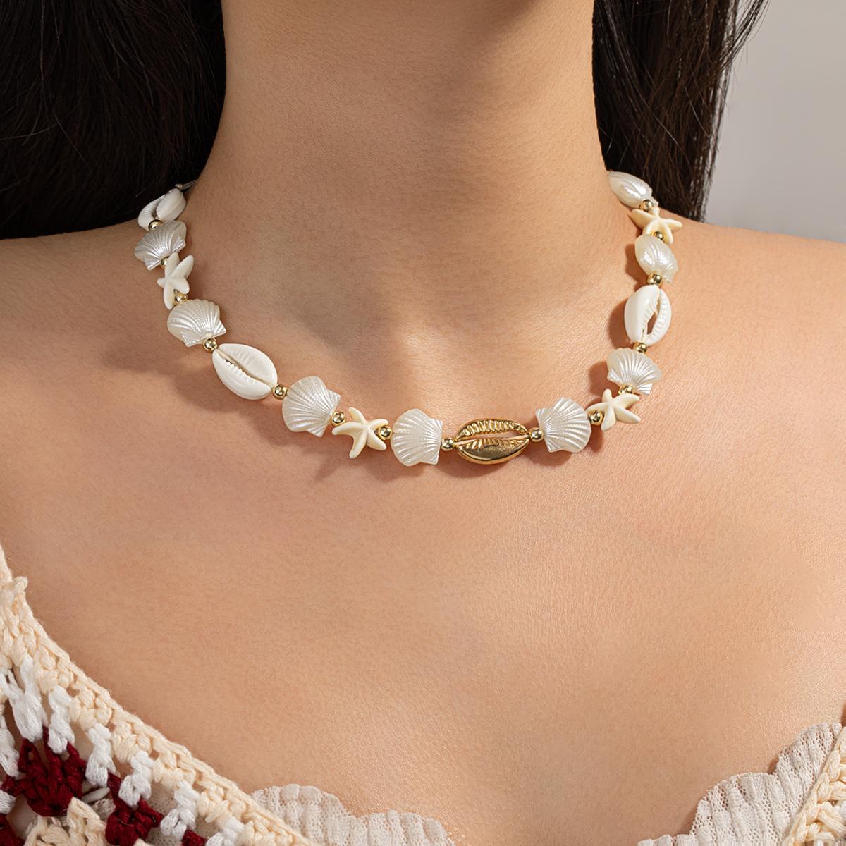 women s Summer seaside vacation style shell necklace, golden shell coin and starfish beaded chain