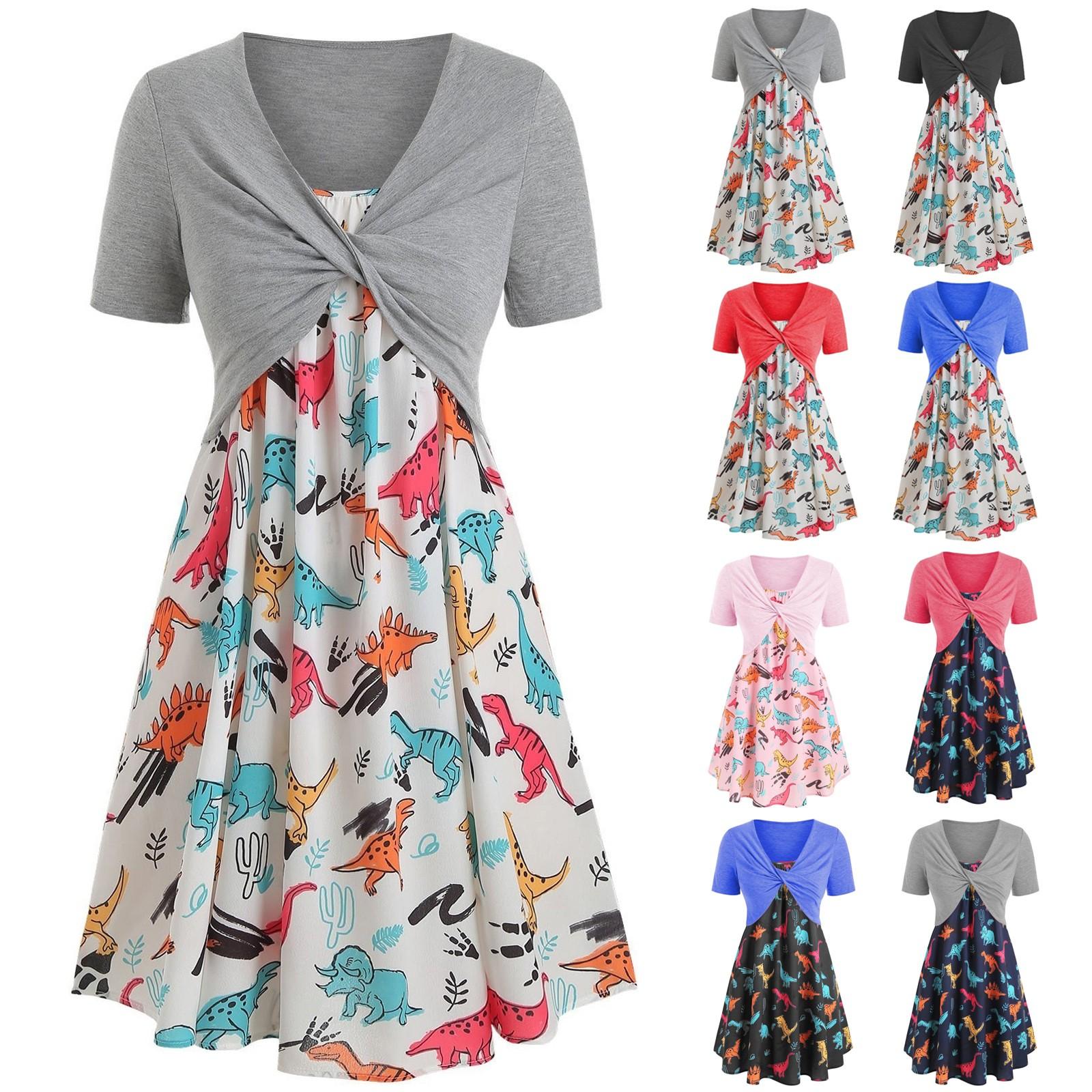 

Модное женское платье из двух частей с v-образным вырезом и цветочным принтом с короткими рукавами и принтом динозавра