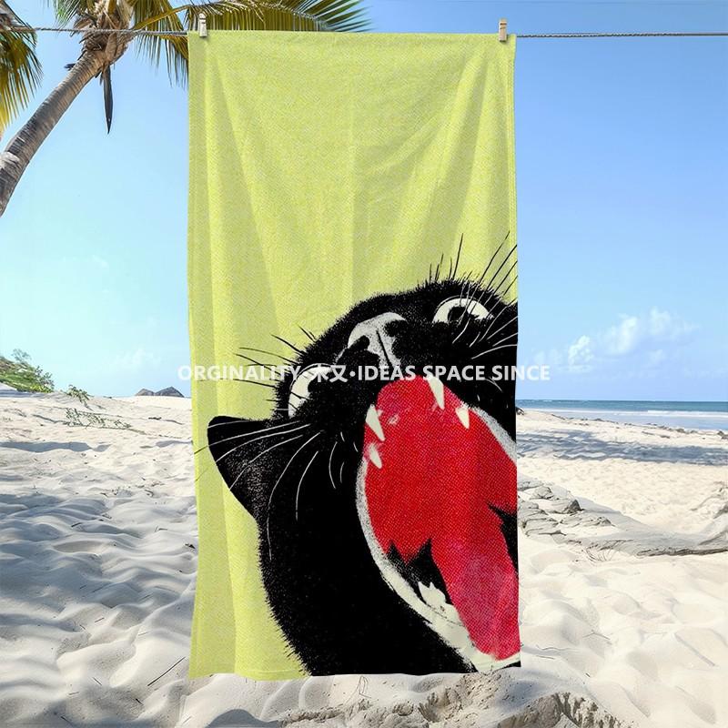 Vintage Screaming Black Cat Beach Towel Patterned Sunscreen And Windproof Suitable For Swimming Pool Camping Travel