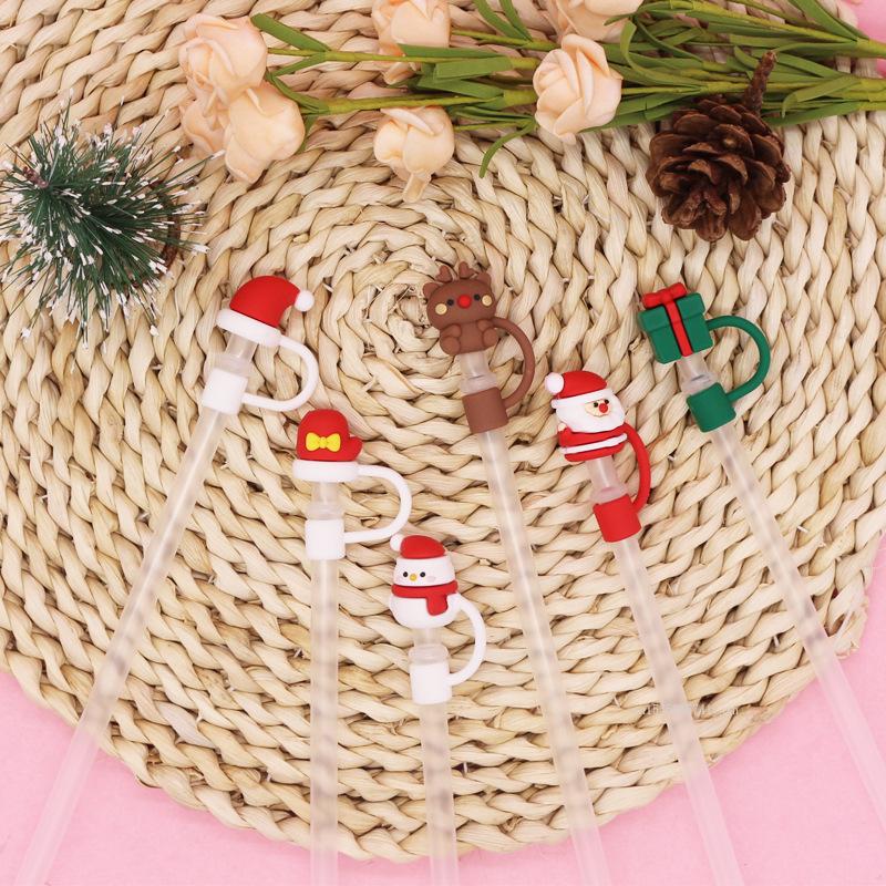 1pc Christmas Straw Cover Caps Silicone Straw Tips Protectors for 10mm 8mm Drinking Straws Reusable Cute Straw Toppers Cup Cover