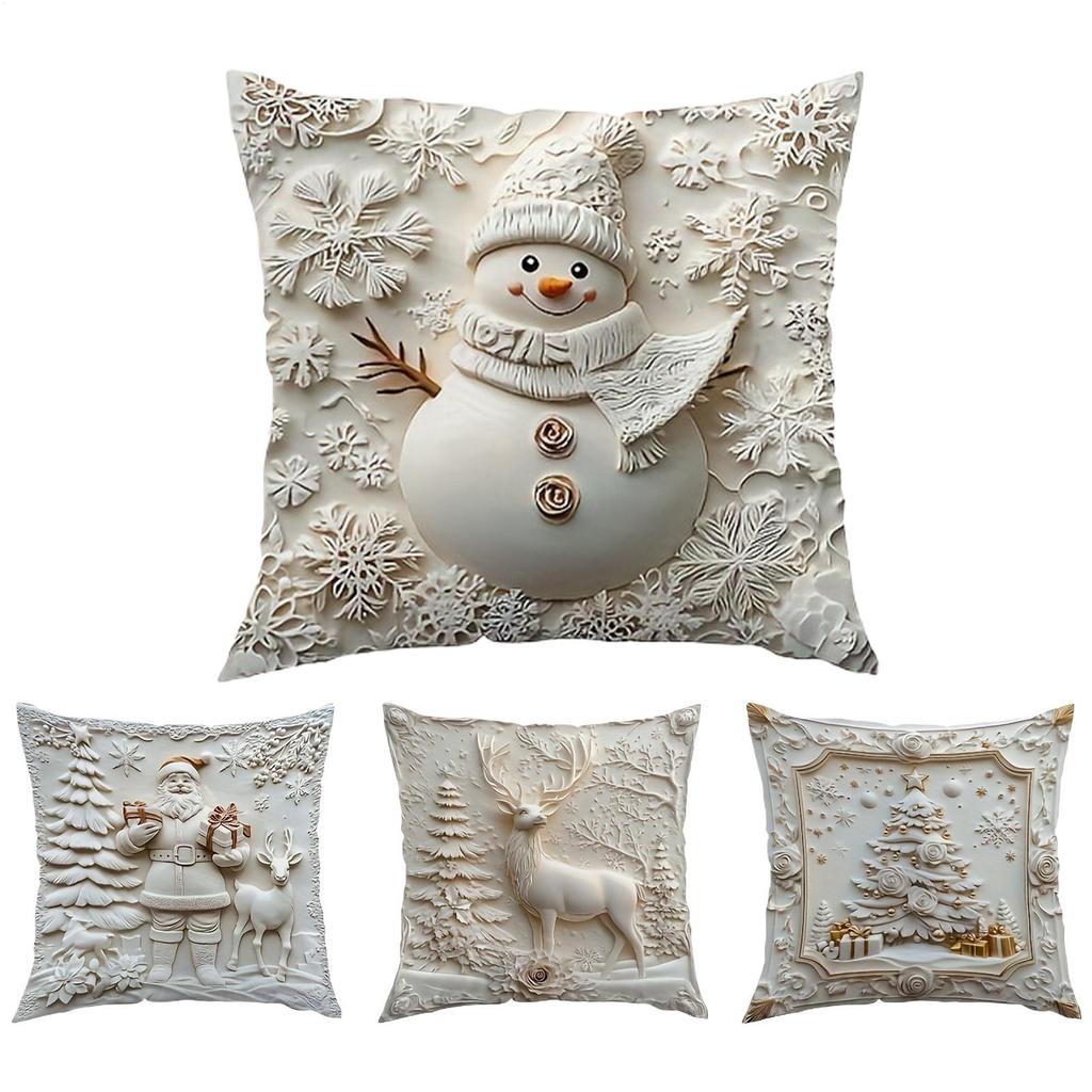 18x18 Inch Christmas Pillow Cases White Embossed Aesthetic Christmas Pillowcase 4 Pieces Christmas Couch Pillow Covers For Sofa