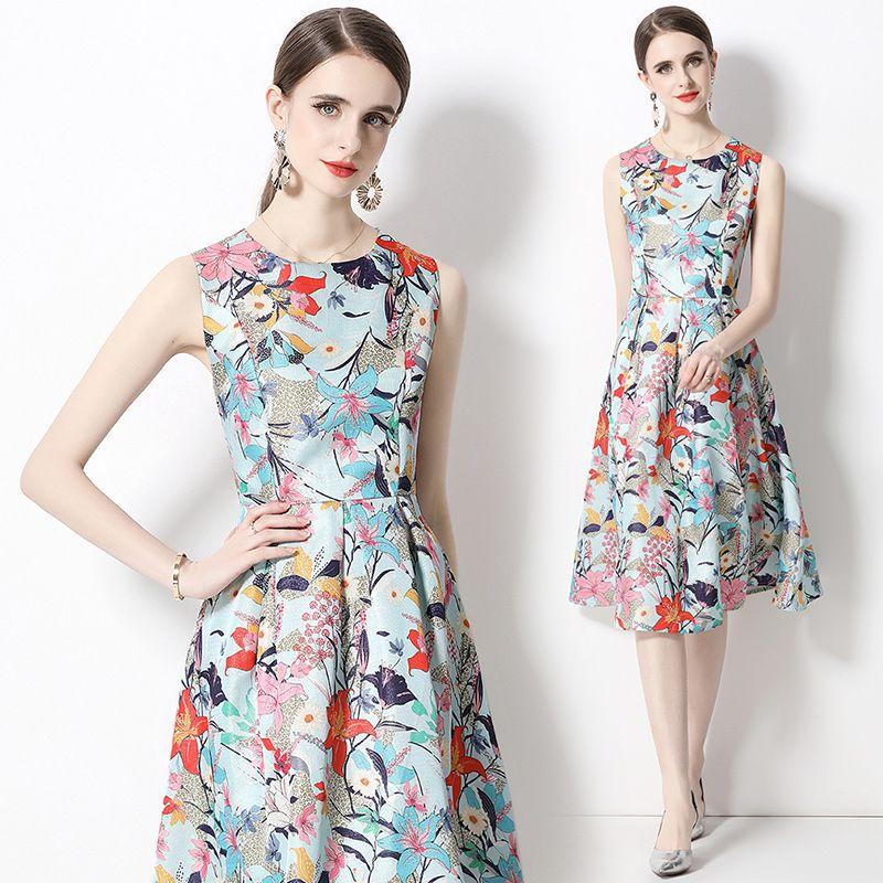 

Модное летнее платье с цветочным принтом для подиума, женские богемные пляжные миди-майки без рукавов с круглым вырезом S синий