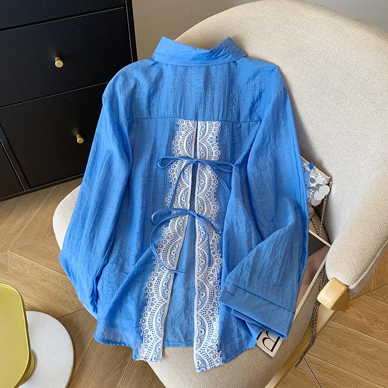 Elegant Back Slit Strap Splicing Lace Sunscreen Shirt Long Sleeved Loose Jacket for Women's Bow Tie Summer Fashion Thin Loose Fit Shirt Sweet Blouse