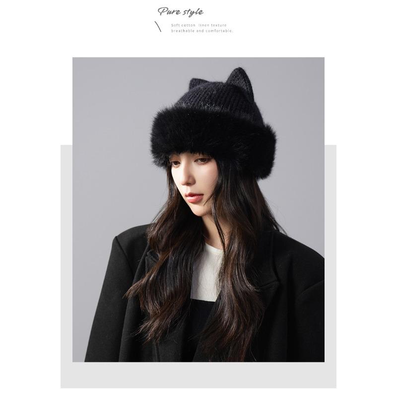 Women S Korean Style Cute Cat Ear Knit Beanie Winter Warm Fleece Lined Large Head Size Hat