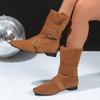 Round Toe Motorcycle Boots Women Metal Bule Velvet Surface Knight Sle Mid-Calf Flat Heel Booties Hight Top Shoes