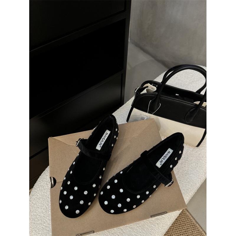 

Spring and summer 2025 new square head rivet rhinestone flat bottom one word belt leather ballet shoes Mary single shoes women 39