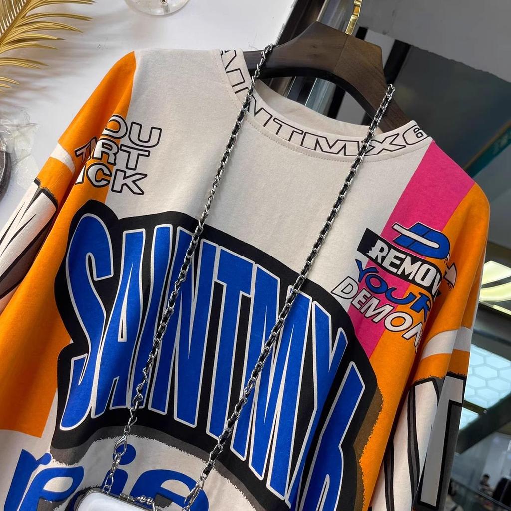 T-shirt damski plus size z nadrukiem graffiti, z okrągłym dekoltem i długim rękawem - Odmładzający luźny krój, 2-300 catties