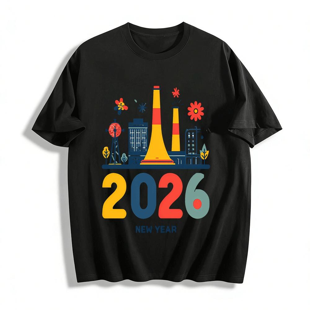 2026 New Year City Themed Printed Casual Versatile New Year Top Pure cotton T-shirt XXS