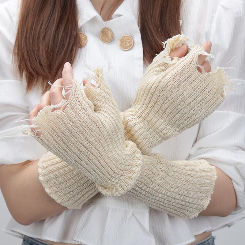 1pair Black Tattered Punk Unisex Fingerless Cuff Knit Gloves Women Men Elbow Length Mittens Broken Stretch Arm Warmer Gloves