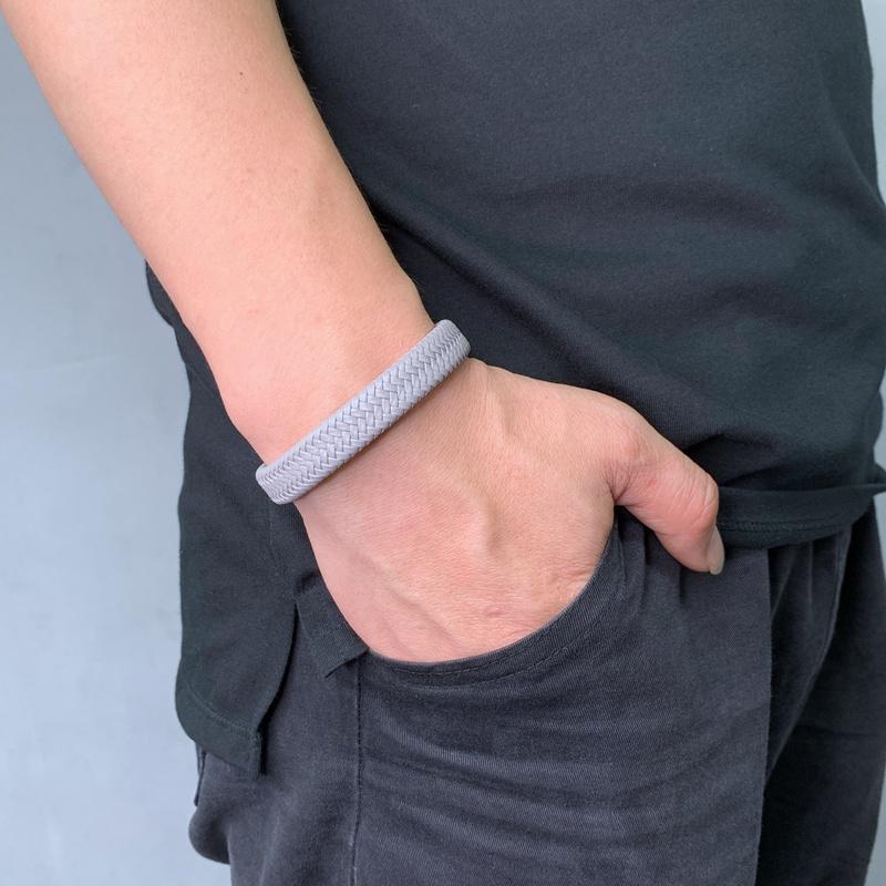 Punk Gray Leather Bracelet Men Stainless Steel Clasp Bangles Men's Bracelets Wristband Jewelry Gift
