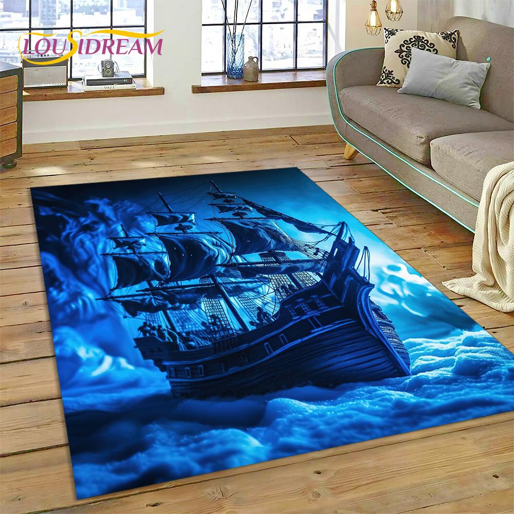 Antikes Piratenschiff Boot, Barke, Segelboot Teppich für Wohnzimmer Schlafzimmer Dekoration, Bodenteppich Rutschfeste Dekoration für Sofa Fußmatte