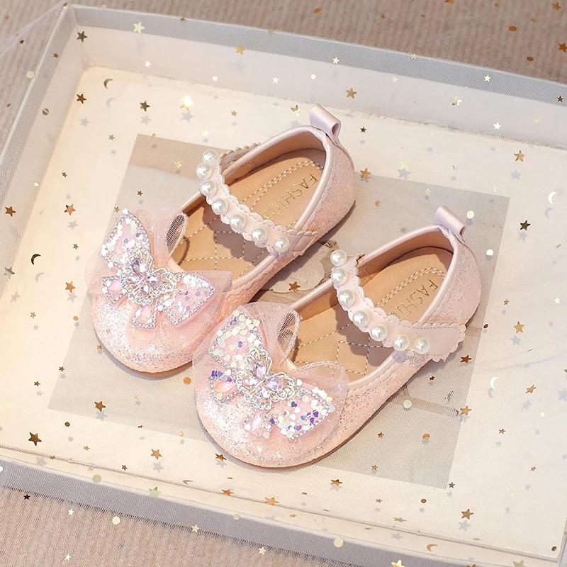 

Baby Girls Flats Chic Shoes Sequins Lace Butterfly Beautiful Glitter Rhinestone Crystal Kids Princess Shoes for Wedding Party 21 розовый