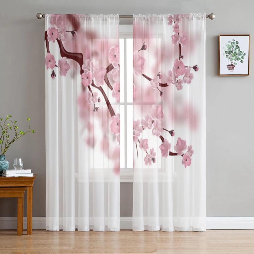 Cortinas Transparentes Rosa Flor de Cerezo de Ensueño para Dormitorio de Niña, Infantil, Cocina, Cortinas para Ventana, Cortina, Decoración del Hogar