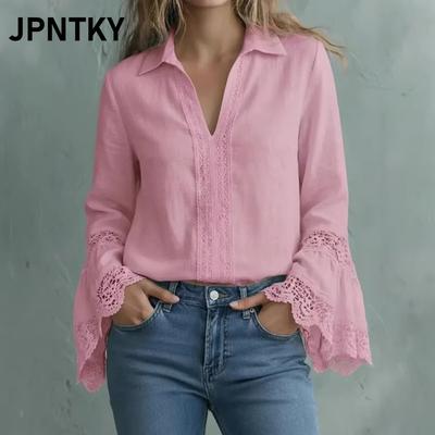 JPNTKY Kadın Moda Günlük Uzun Kollu V Yaka Bluz & Gömlekler