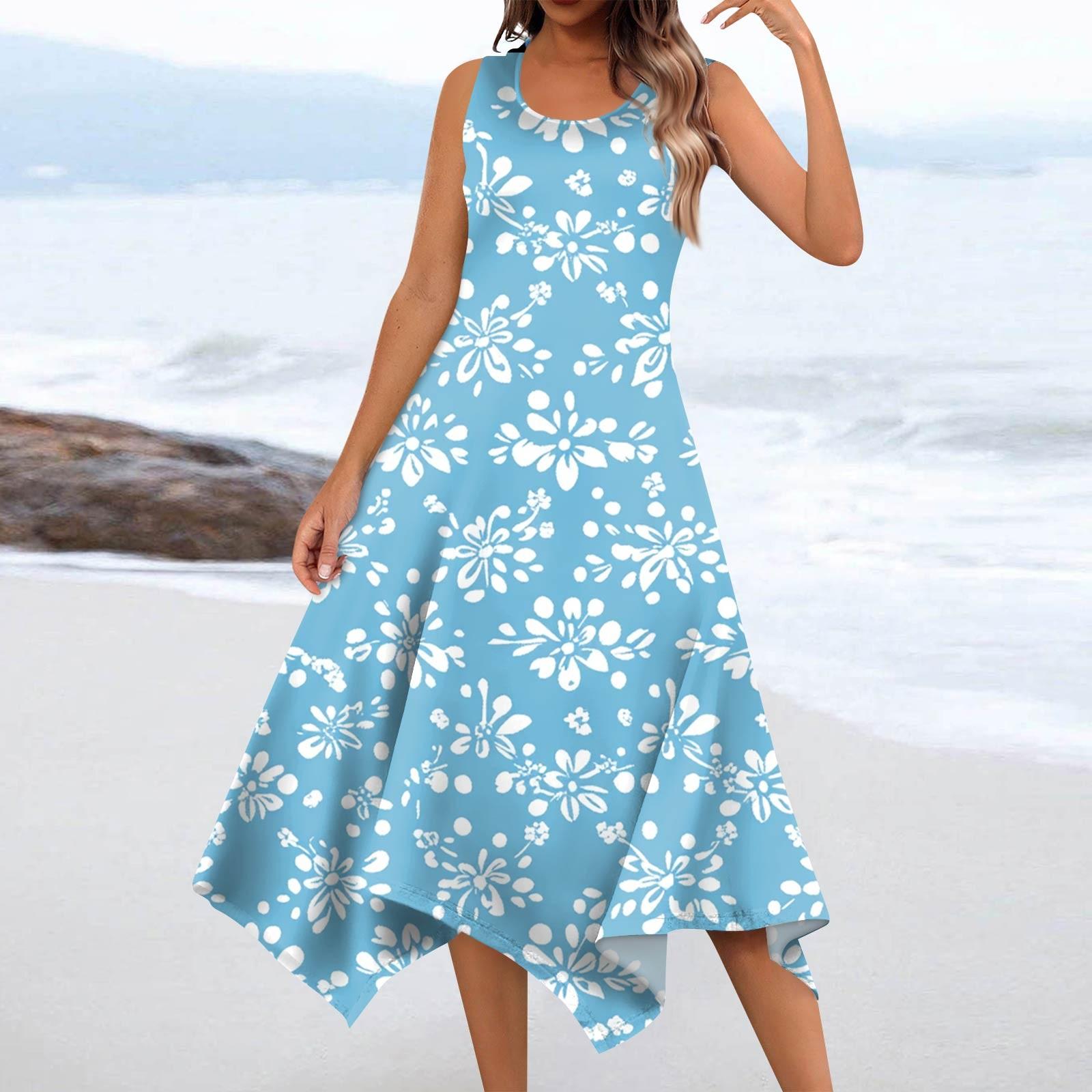 Sleeveless Floral Print Midi Dress Summer Round Neck Casual Irregular Hemline Loose Fit Women Dress S