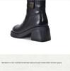 Women's British Style Velvet-Lined Leather Chunky Mid-Heel Winter Boots