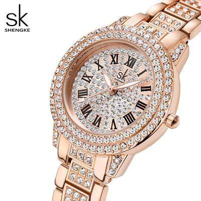 Luxusní dámské křemenné hodinky Bling Relogio Feminino Crystal zdobené růžovým zlatem Hodinky s romantickou barvou