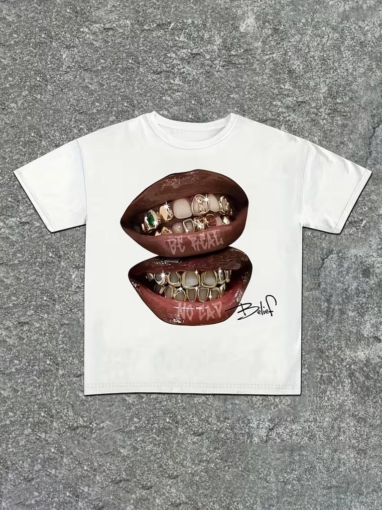 Women  Be Real No Cap Grillz Lips Hip Hop Graphic TShirt Retro Streetwear Print Casual Crew Neck Short Sleeve Harajuku Kawaii