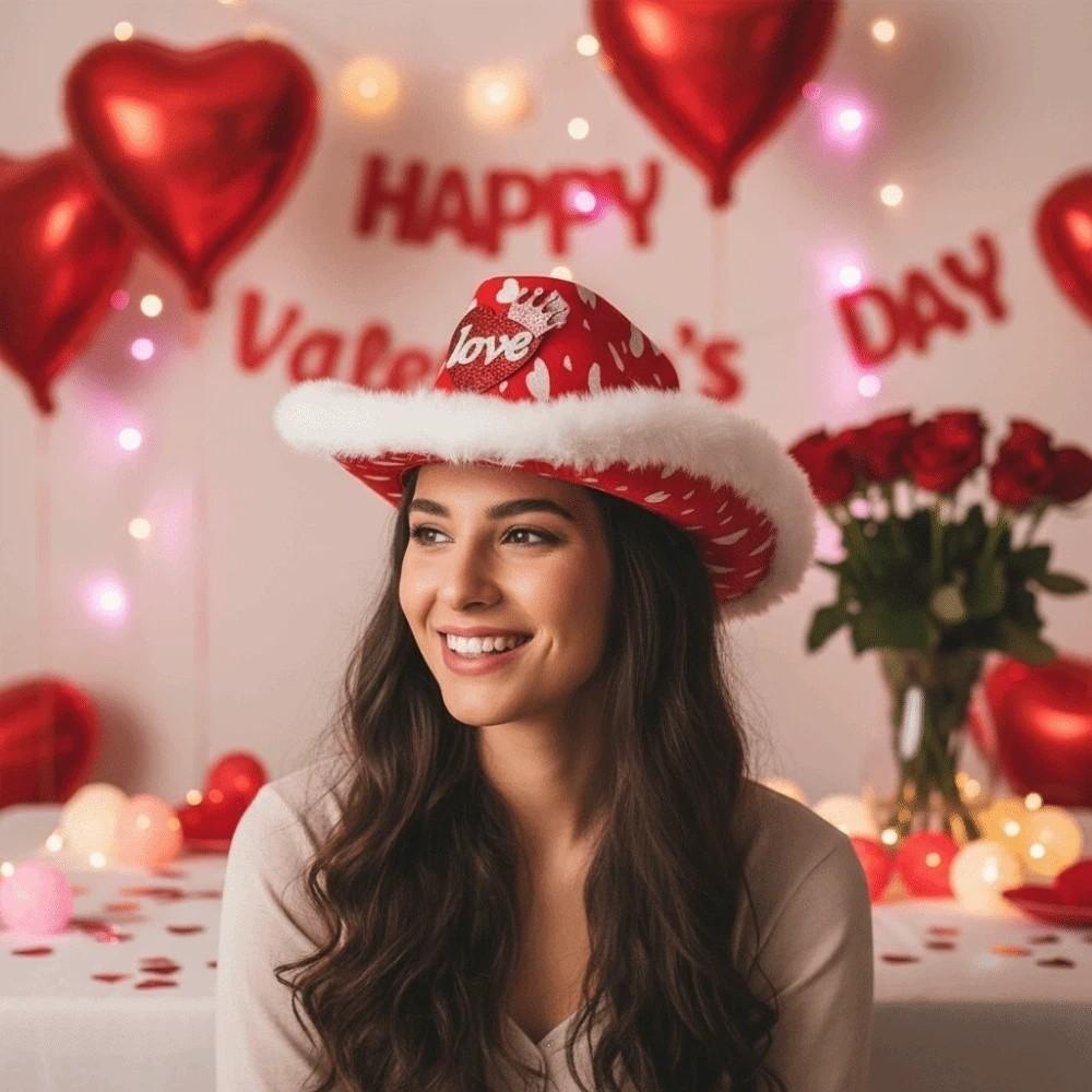 Wide Brim Cowgirls Top Hat Warmer Valentine's Day Party Hat Adjustable Red Heart Cowboy Cap  Men