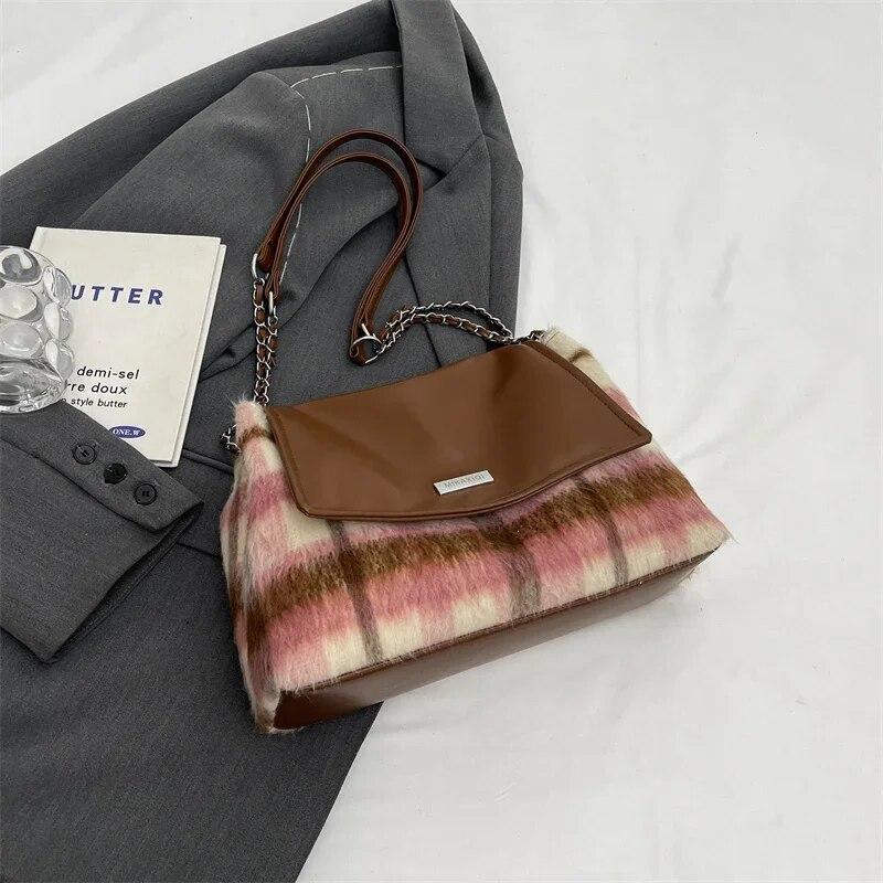 Small Soft Woolen Shoulder Bag for Women 2024 Winter Korean Fashion Female Chain Underarm Bag Handbags and Purses