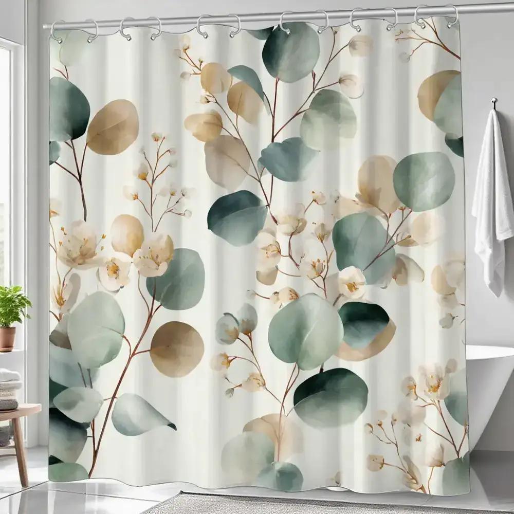 

Beige Eucalyptus Patterned Shower Curtain, Made Of Polyester Fabric, Machine Washable, With Hooks, Suitable For Bathroom Dcor. W60H190(CM)-1 Pcs